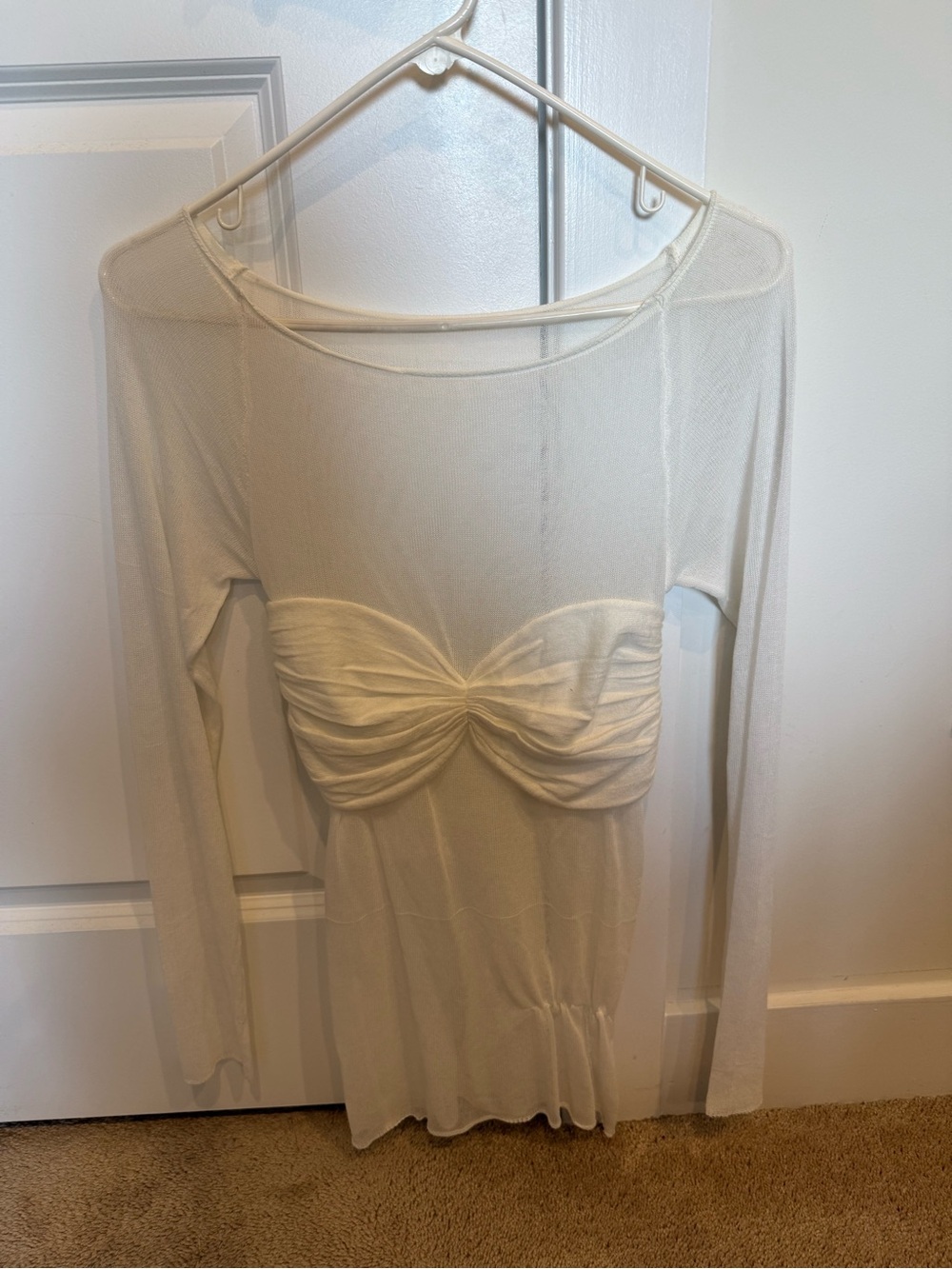 Sheer Long-Sleeve Ruched Bust Women’s Top - Cream